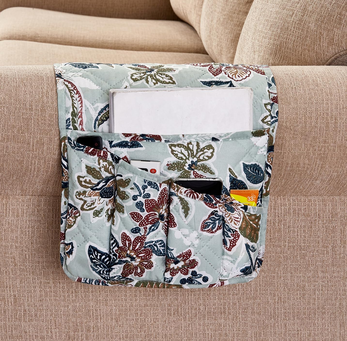 Brilliant Sunshine Burgundy Toile Floral Couch Armrest Cover, 35"×13" | Washable Magazine Holder, Armrest Organizer & Caddy on Sofa, Recliner, Armchair, Storage for Remote Controls, Phone, iPad