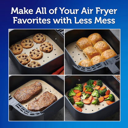 Reynolds Kitchens Air Fryer Liners Disposable, Unbleached Parchment Paper Sheets, 50 Count | Pre-Cut Disposable Parchment Paper Sheets, Fits Round and Square Air Fryers, Safe Up To 400F, Perforated For Better Airflow