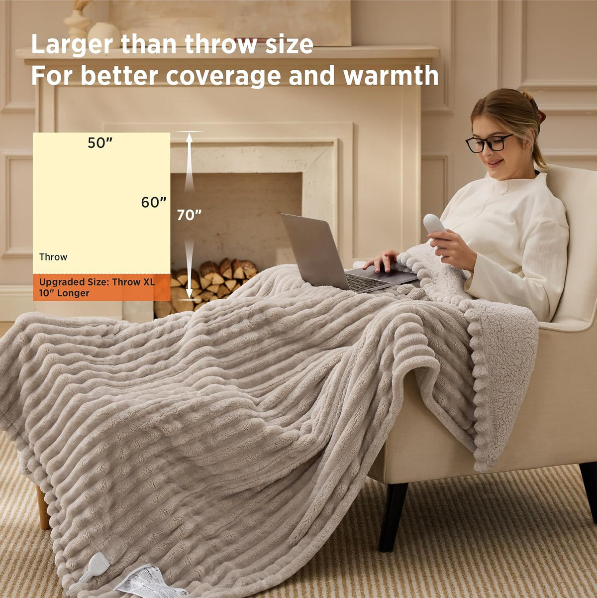 Bedsure Heated Blanket Electric Throw - Thick Striped Fast Heating Electric Blanket with Preheat Function, 6 Heat & 6 Timer (Up to 10H), 8H Auto Off, ETL Certified, Gifts for Women (50"x60", White)