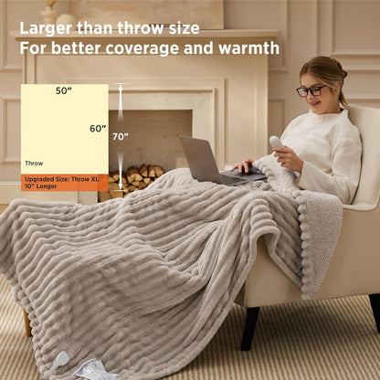 Bedsure Heated Blanket Electric Throw - Thick Striped Fast Heating Electric Blanket with Preheat Function, 6 Heat & 6 Timer (Up to 10H), 8H Auto Off, ETL Certified, Gifts for Women (50"x60", White)