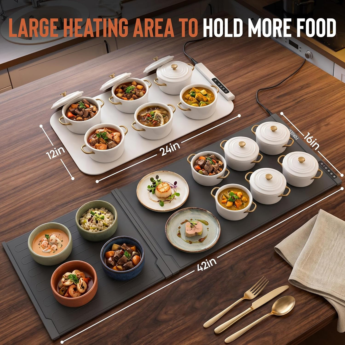 XXL Food Warming Mat Countertop 42"x16" – 2 Piece Extendable Electric Warming Tray for Buffets & Parties – Extra Large Roll Up Silicone Food Warmer Mat with 8 Temp Settings, Auto Shut Off Food Warmer