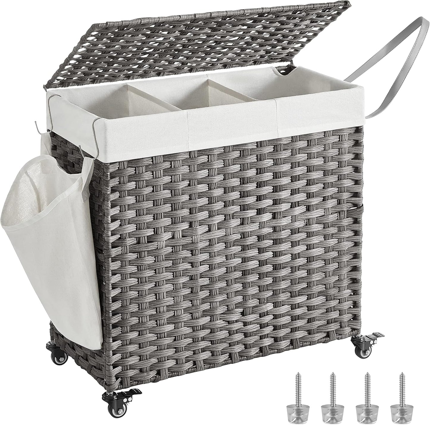 SONGMICS Laundry Hamper with Lid, 42.3 Gallons (160 L), Rolling Laundry Basket with Wheels, 3-Section Synthetic Rattan, Removable Liner, Bedroom, 29.9 x 13 x 26 Inches, Natural ULCB365N01