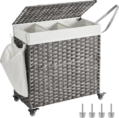 SONGMICS Laundry Hamper with Lid, 42.3 Gallons (160 L), Rolling Laundry Basket with Wheels, 3-Section Synthetic Rattan, Removable Liner, Bedroom, 29.9 x 13 x 26 Inches, Natural ULCB365N01