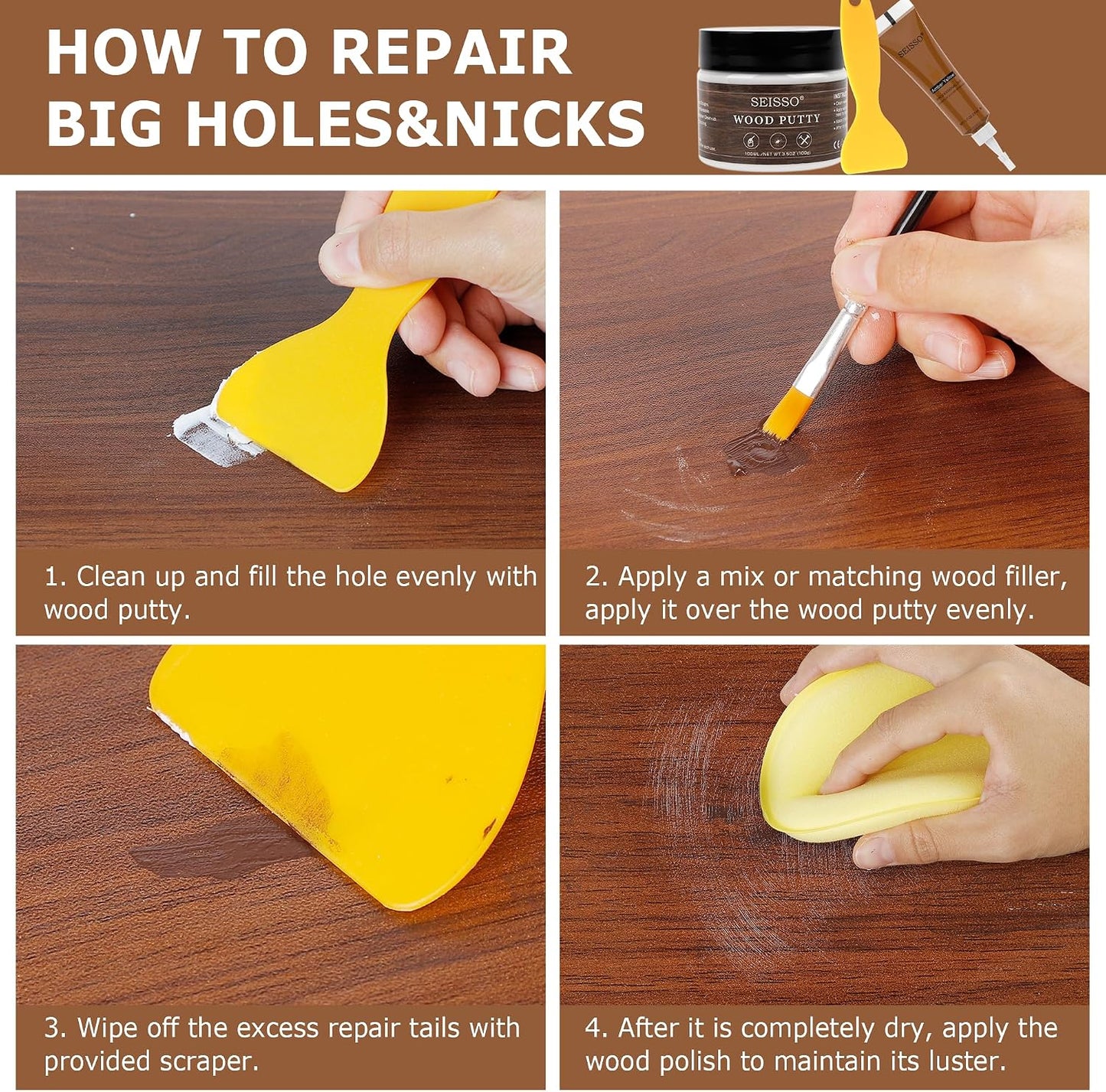 SEISSO Wood Furniture Repair Kit, Touch Up Markers Wood Fillers | Wood Putty with Polish Wax, 12 Colors Wood Repair Kit of Stains, Scratches, Holes, Cracks(40 PCs)