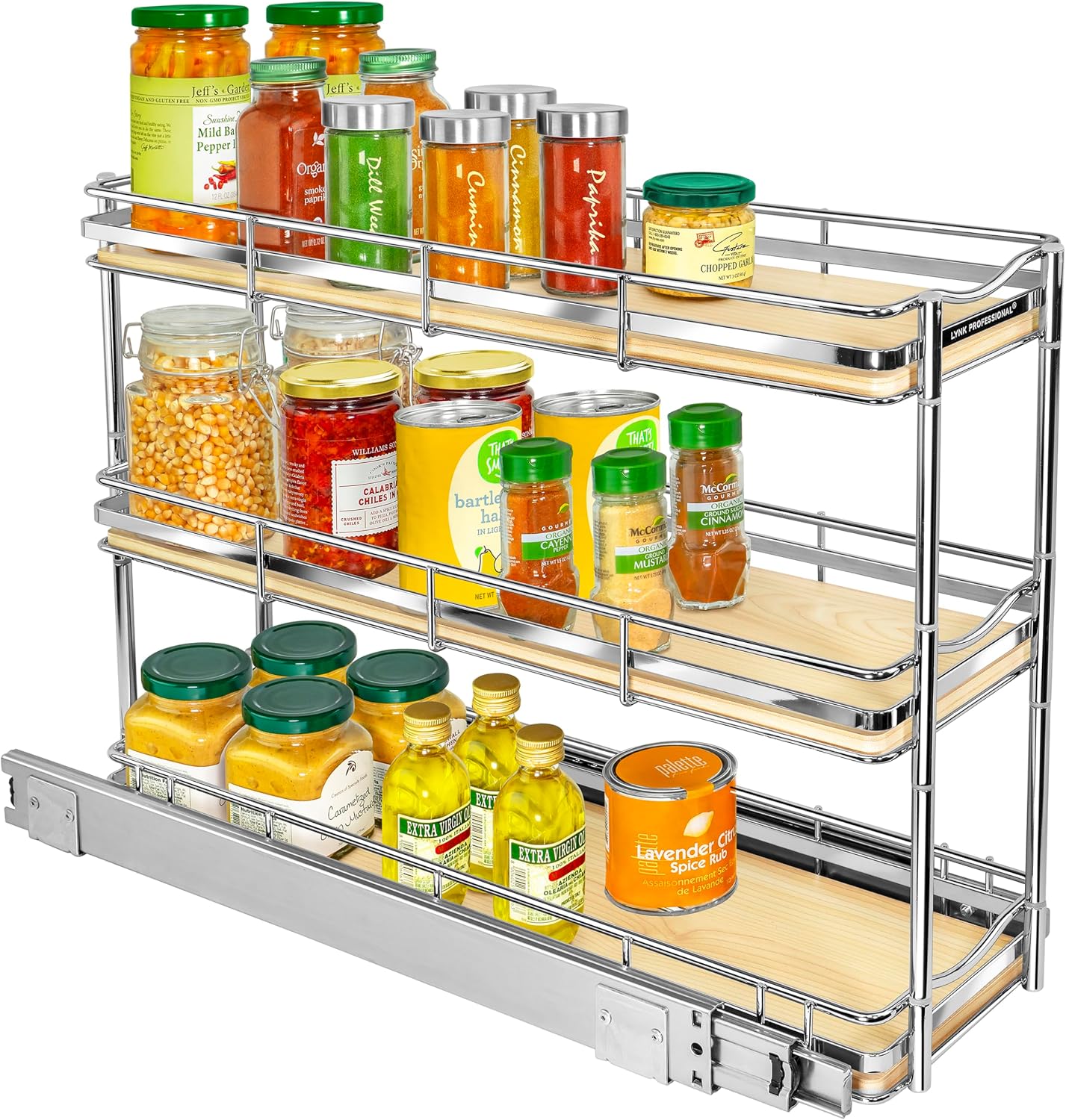 LYNK PROFESSIONAL® Pull Out Spice Organization for Cabinets - 4-3/8 inch Wide – Spice Rack for Inside Cabinets, Slide Out Spice Rack Organizer for cabinet – Pull Out Spice Rack, Sliding 2 Tier Chrome