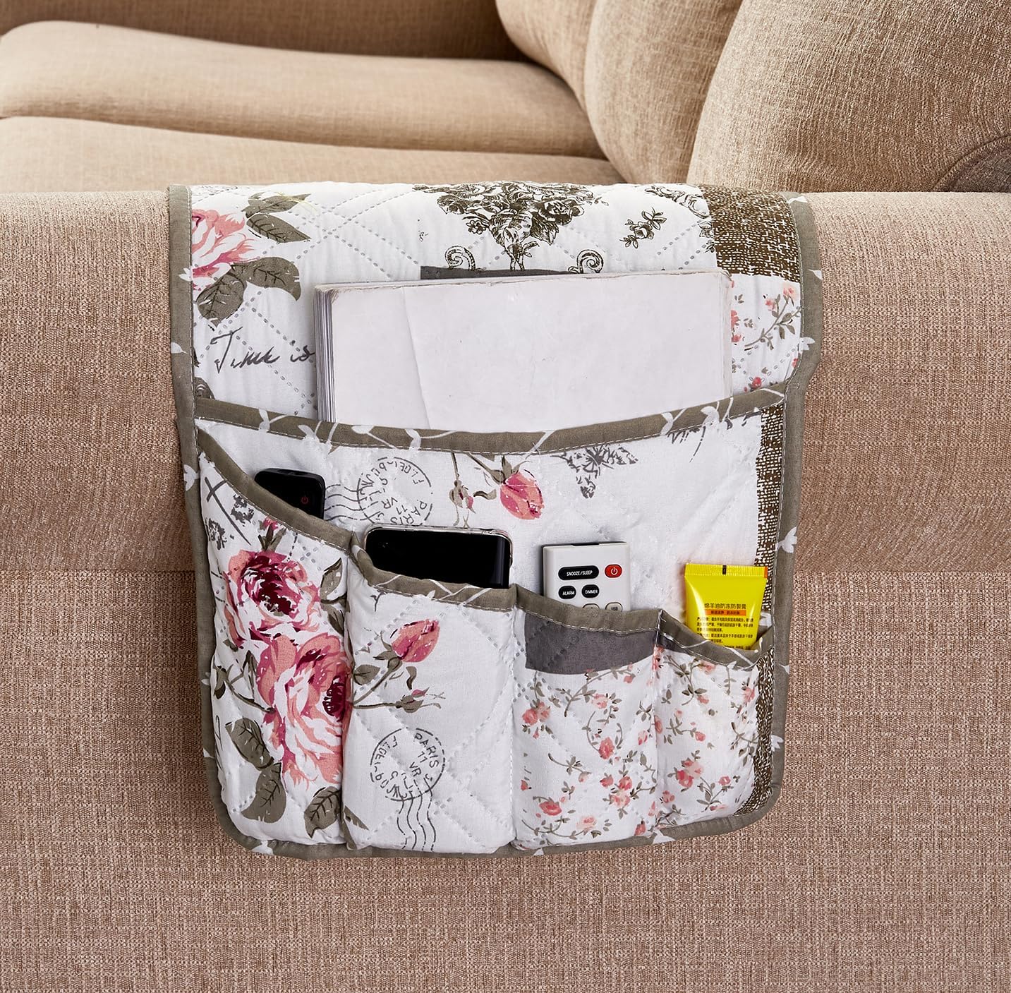 Brilliant Sunshine Burgundy Toile Floral Couch Armrest Cover, 35"×13" | Washable Magazine Holder, Armrest Organizer & Caddy on Sofa, Recliner, Armchair, Storage for Remote Controls, Phone, iPad