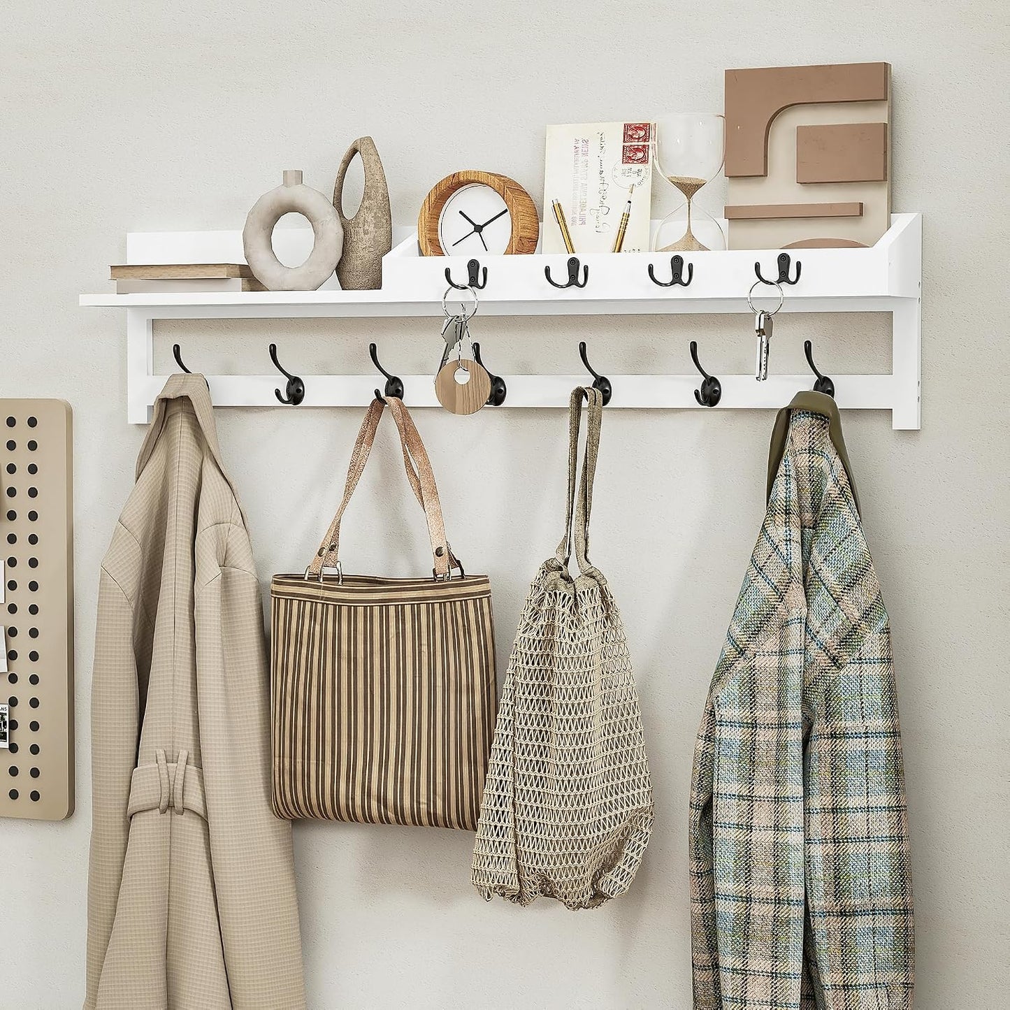 AMBIRD Wall Hooks with Shelf, 26.57 Inch Entryway Wood Coat Hooks for Wall with Shelf, Coat Rack Wall Mount with 5 Dual Hooks 3 Key Hooks Mail Organizer and Key Rack Holder (Brown)