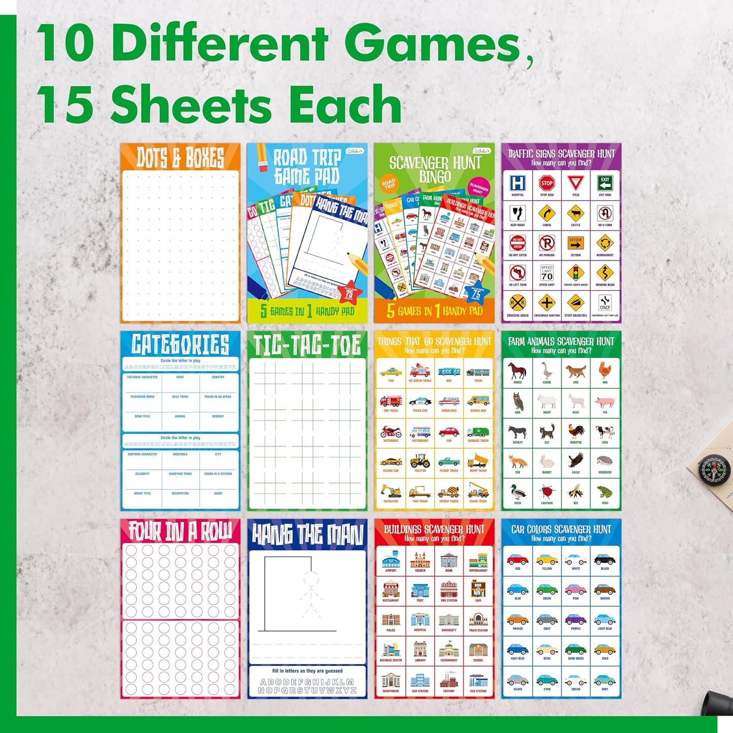 Road Trip Game Pad, 80 Perforated Sheets Travel Activity Pad, 5 Games in 1 Pad, Plane, Car Trip Activity, Pen Pencil & Paper Game for Kids, Adults (6” x 9”)