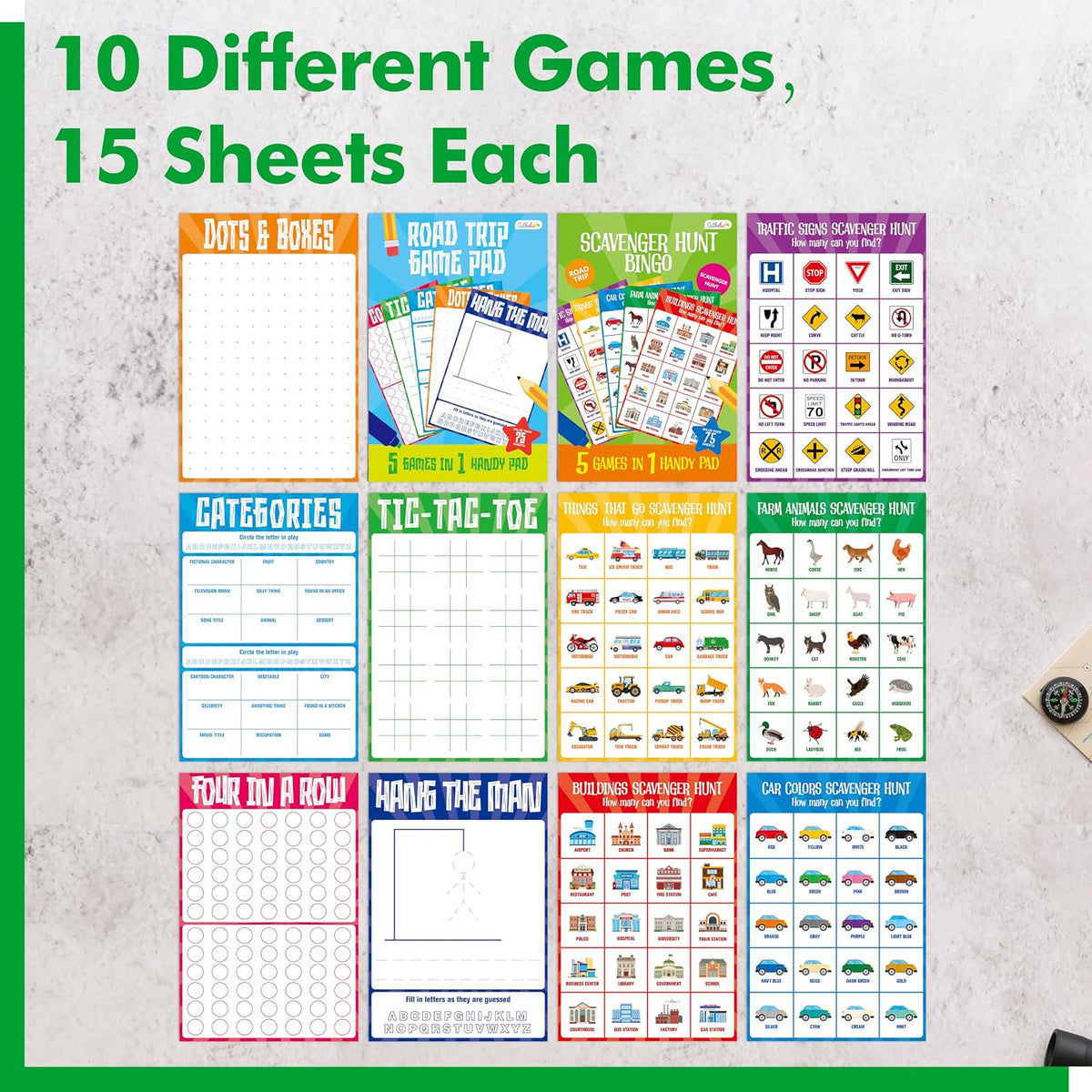 Road Trip Game Pad, 80 Perforated Sheets Travel Activity Pad, 5 Games in 1 Pad, Plane, Car Trip Activity, Pen Pencil & Paper Game for Kids, Adults (6” x 9”)