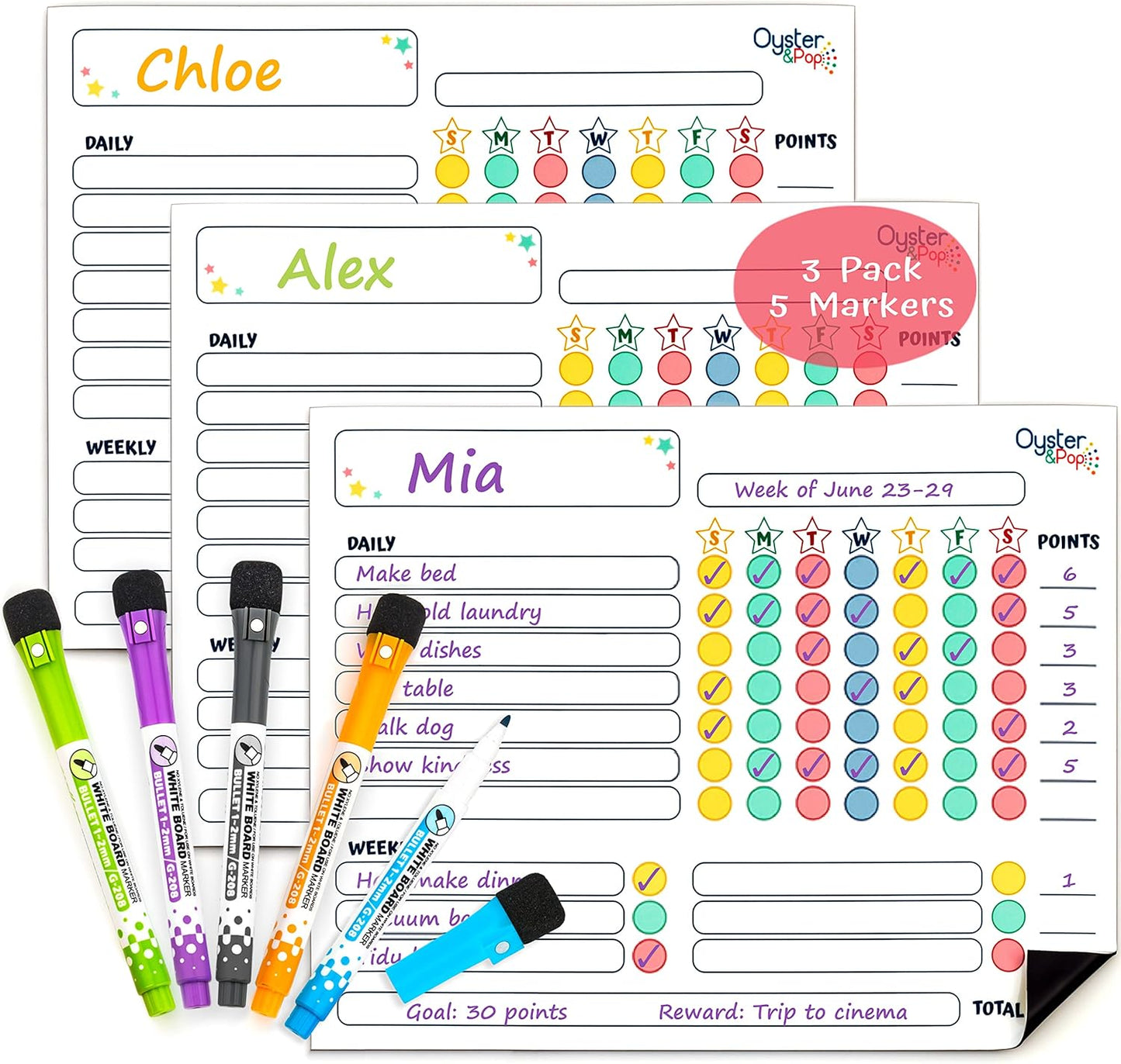Oyster&Pop Black Chore Charts for Multiple Kids - 3 Pack Magnetic Dry Erase | Build responsibility, independence and routines - give kids and teens their own black magnetic board and weekly rewards