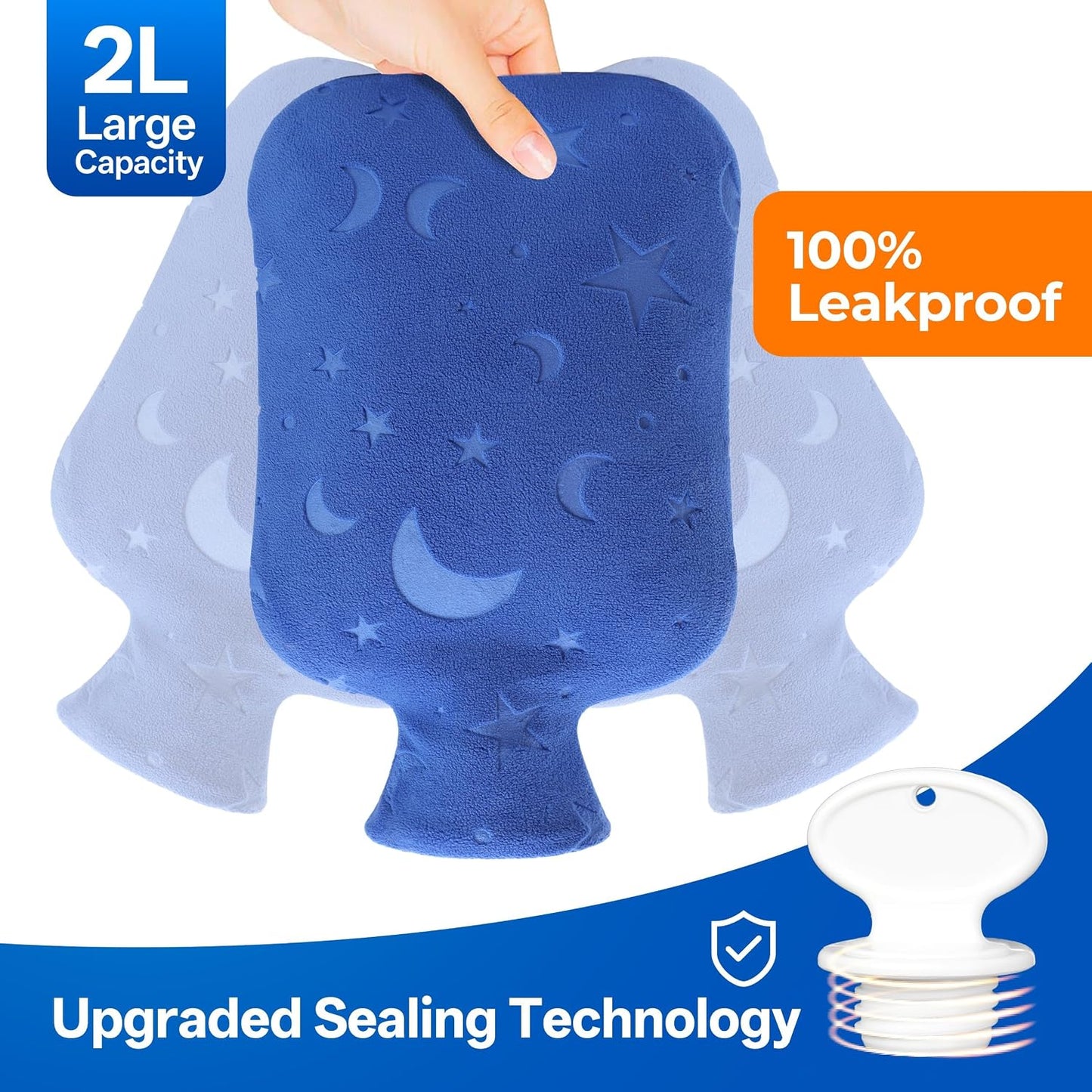 Hot Water Bottle with Soft Cover, 2L Hot Water Bag for Menstrual Cramps, Neck and Shoulder Pain Relief, Hot and Cold Therapies, Hand Feet Warmer, Blue
