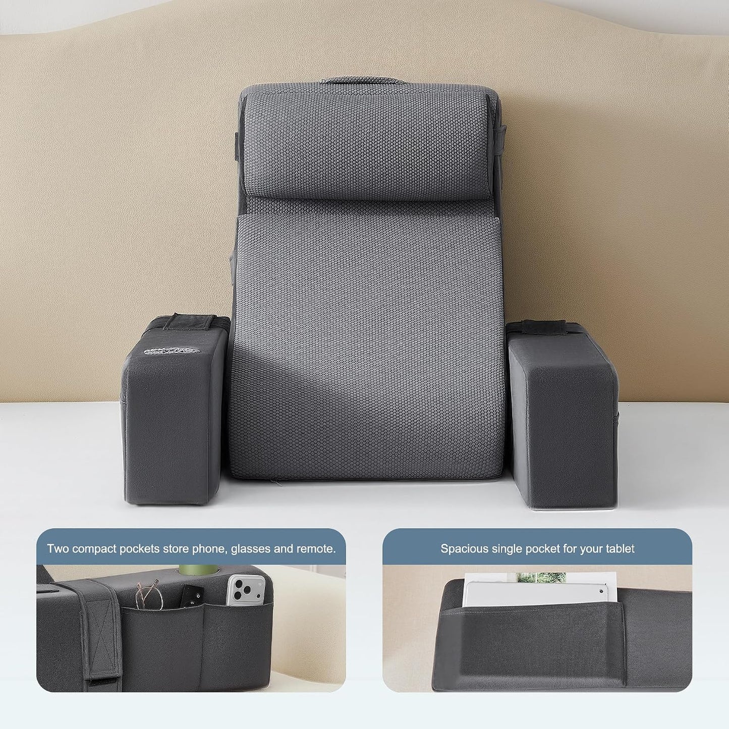 Reading Pillow for Bed with Adjustable Armrests and Side Pockets, Back Pillow for Bed Sitting Up, Sit Up Pillow, and Bed Pillows for Sitting Up, Ideal for Reading, Watching TV and Relaxing, Light Gray