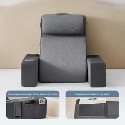 Reading Pillow for Bed with Adjustable Armrests and Side Pockets, Back Pillow for Bed Sitting Up, Sit Up Pillow, and Bed Pillows for Sitting Up, Ideal for Reading, Watching TV and Relaxing, Light Gray