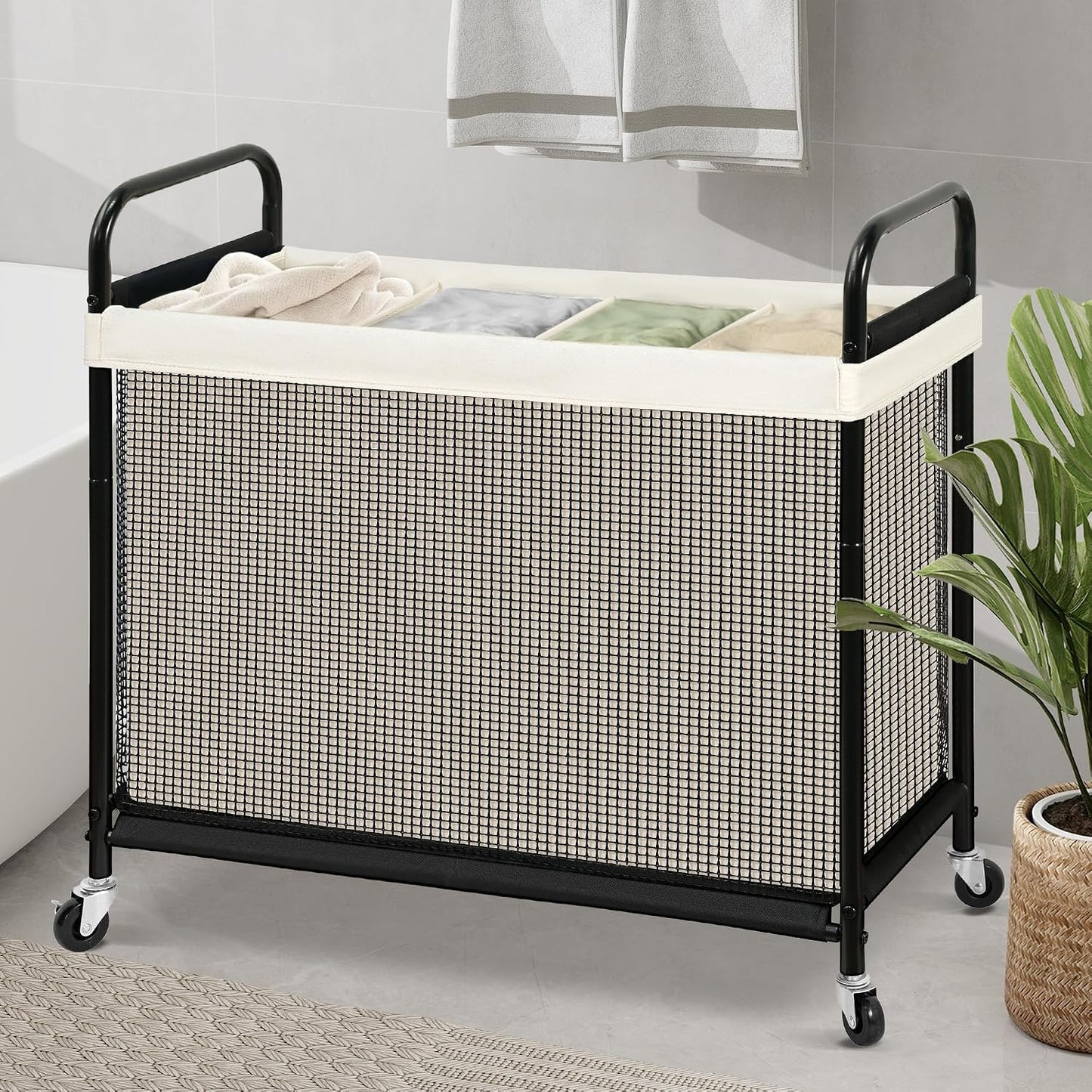 STO STO Laundry Hamper 2 Section, 100L Rolling Laundry Sorter Cart with Removable and Washable Liner Bag, Clothes Hamper with Wheels and Metal Handle for Laundry Room and Bedroom