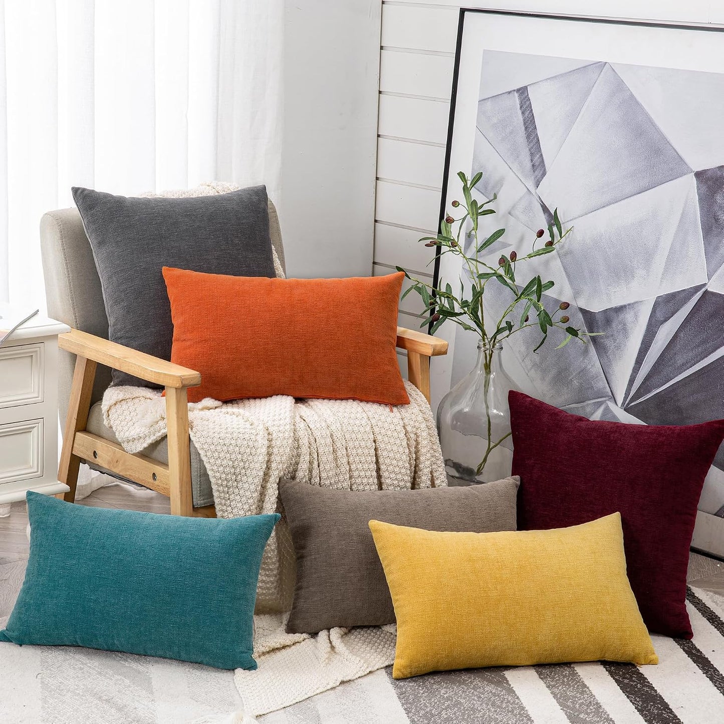 GAWAMAY Lumbar Support Pillow Decorative Rectangle Throw Pillow Covers 12"x20" Inch Set of 2, Soft Chenille Fall Pillowcase for Living Room Bedroom Sofa Couch Cushion Cover Grey 30x50cm (No Insert)