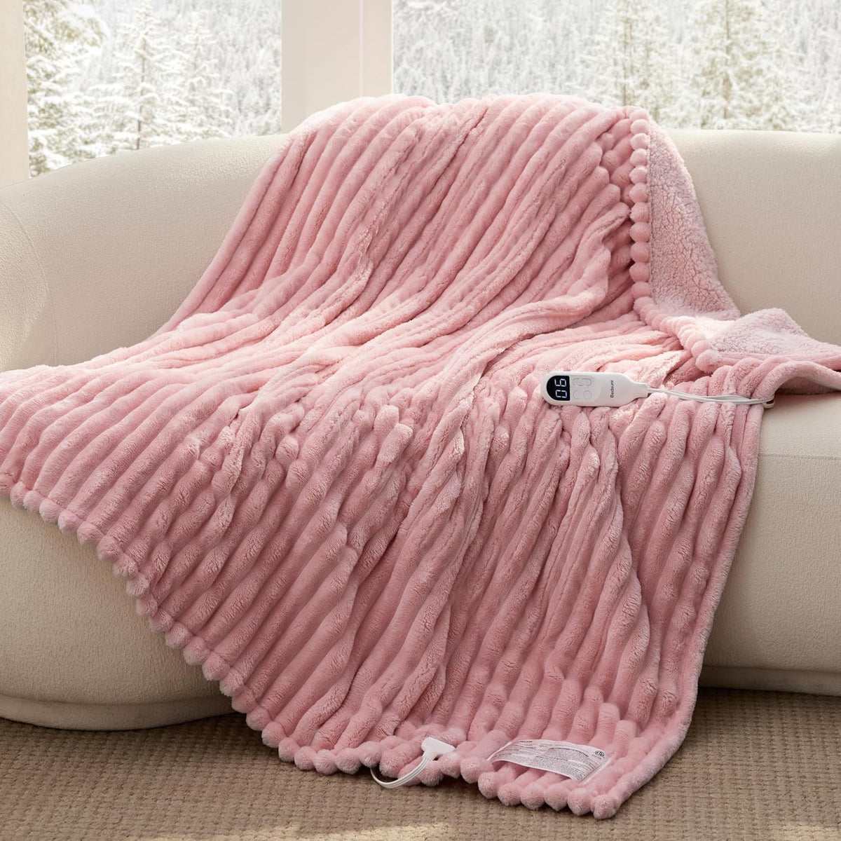 Bedsure Heated Blanket Electric Throw - Thick Striped Fast Heating Electric Blanket with Preheat Function, 6 Heat & 6 Timer (Up to 10H), 8H Auto Off, ETL Certified, Gifts for Women (50"x60", White)