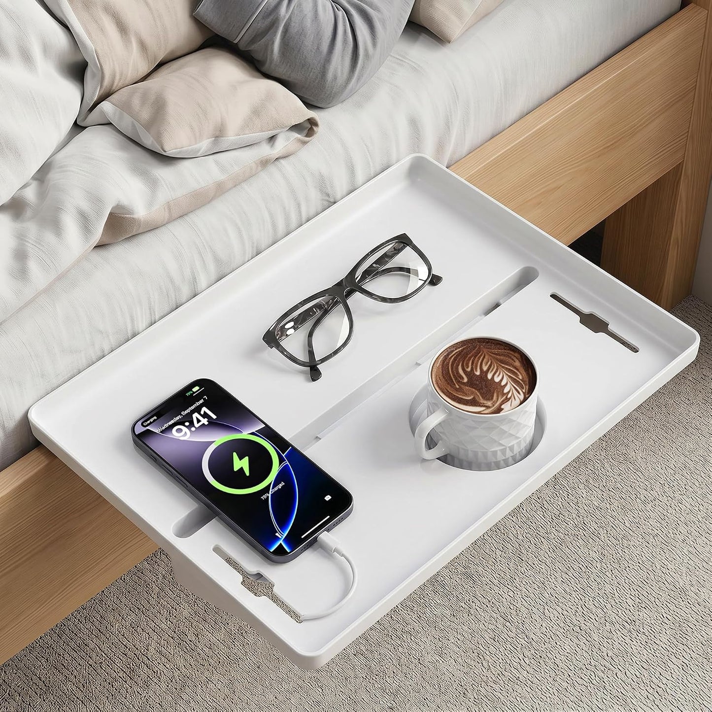 JOYMOOP Clip-On Bedside Shelf for Bunk Beds, Dorm Room Essentials, Bedside Caddy, No-Tool Install Bed Side Table Storage for Loft, Platform Beds, Nightstand Caddy for Phone, Glasses, Book, Black