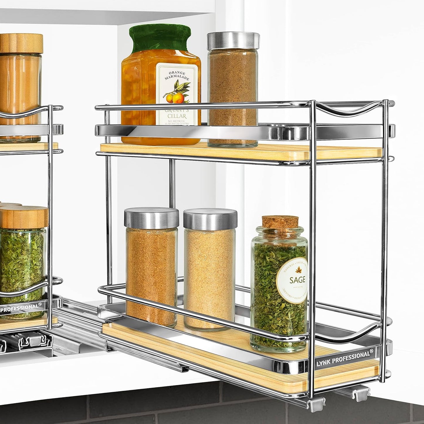 LYNK PROFESSIONAL® Pull Out Spice Organization for Cabinets - 4-3/8 inch Wide – Spice Rack for Inside Cabinets, Slide Out Spice Rack Organizer for cabinet – Pull Out Spice Rack, Sliding 2 Tier Chrome