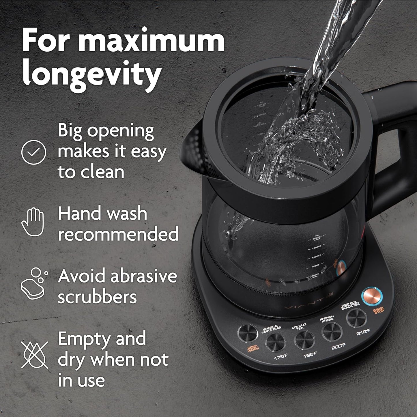 Viante Alba Electric Tea Kettle With Infuser, No Plastic, 1.5L | Borosilicate glass & 304 stainless steel construction. 4 temp presets, keep-warm, cordless, auto shut-off