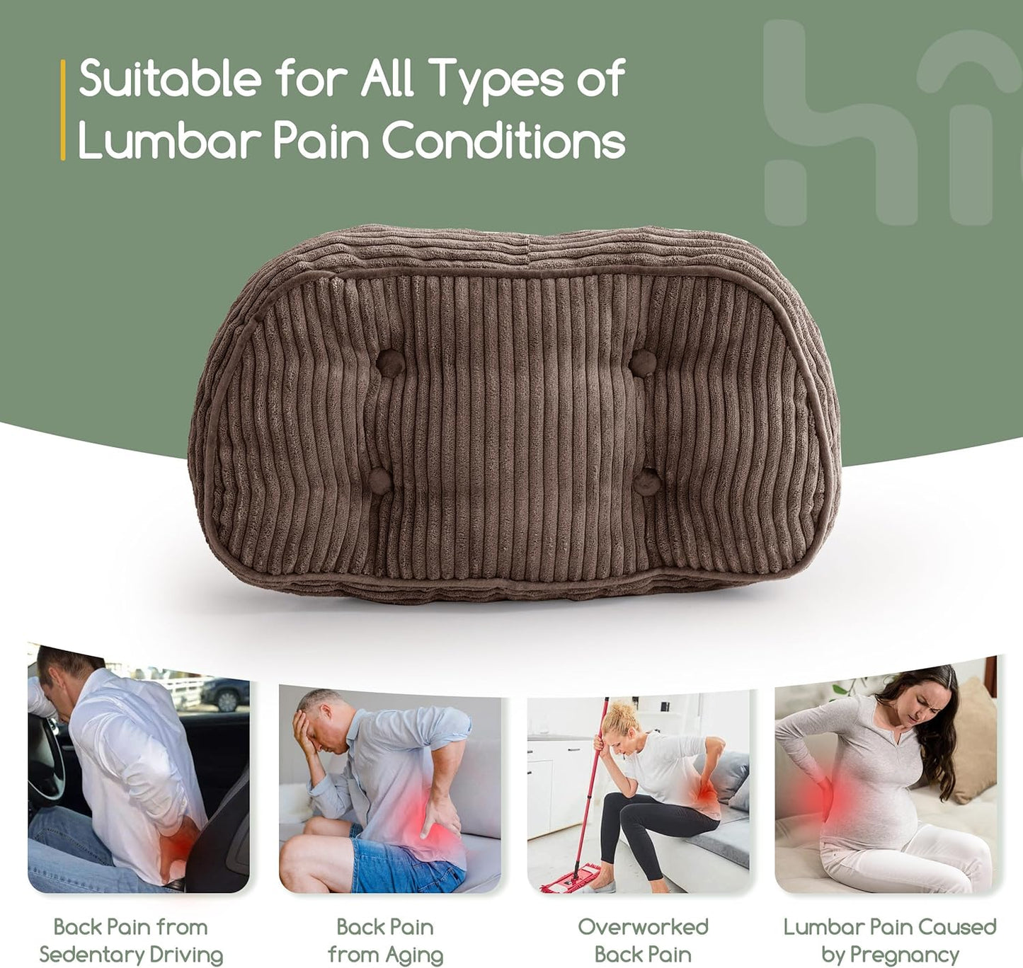 HIGOGOGO Lumbar Support Pillow for Recliner Chair/Accent Chair/Couch/Office Chair, Tufted Corduroy Back Support Cushion for Elderly, Recliner Cushions for Back Rest, Pain Relief, Reading, Dark Grey