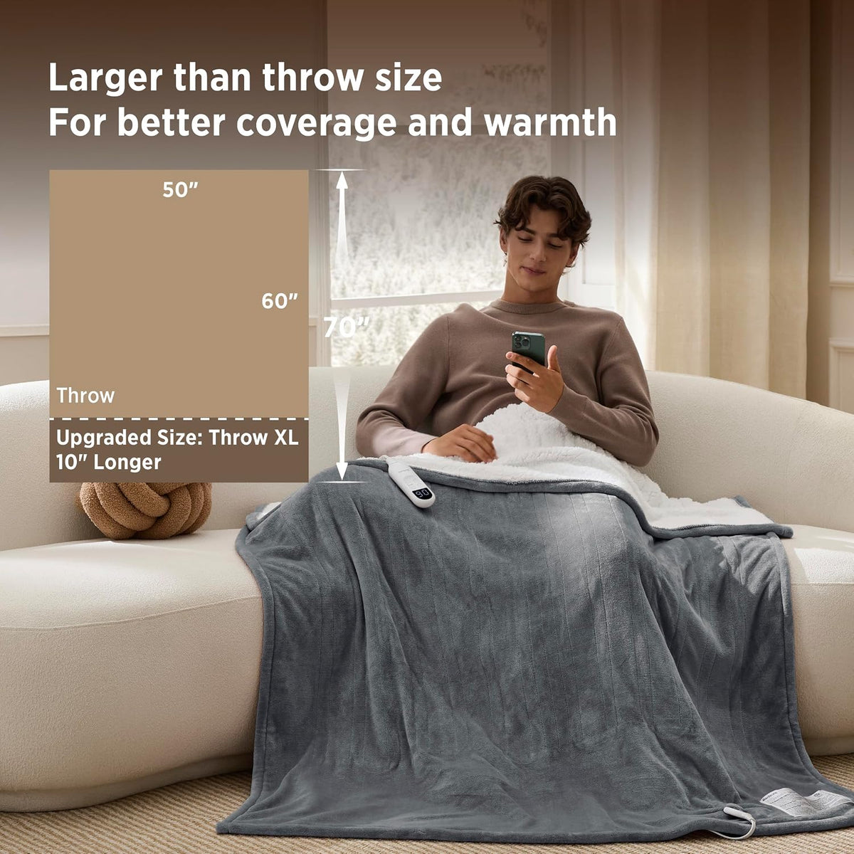 Bedsure Heated Blanket Throw Blanket with Preheat Function - Fast Heating Electric Blanket, Soft Flannel Throw with 6 Time Settings(Up to 10H), 6 Heating Settings, Gifts for Grandma (50"x60", Grey)