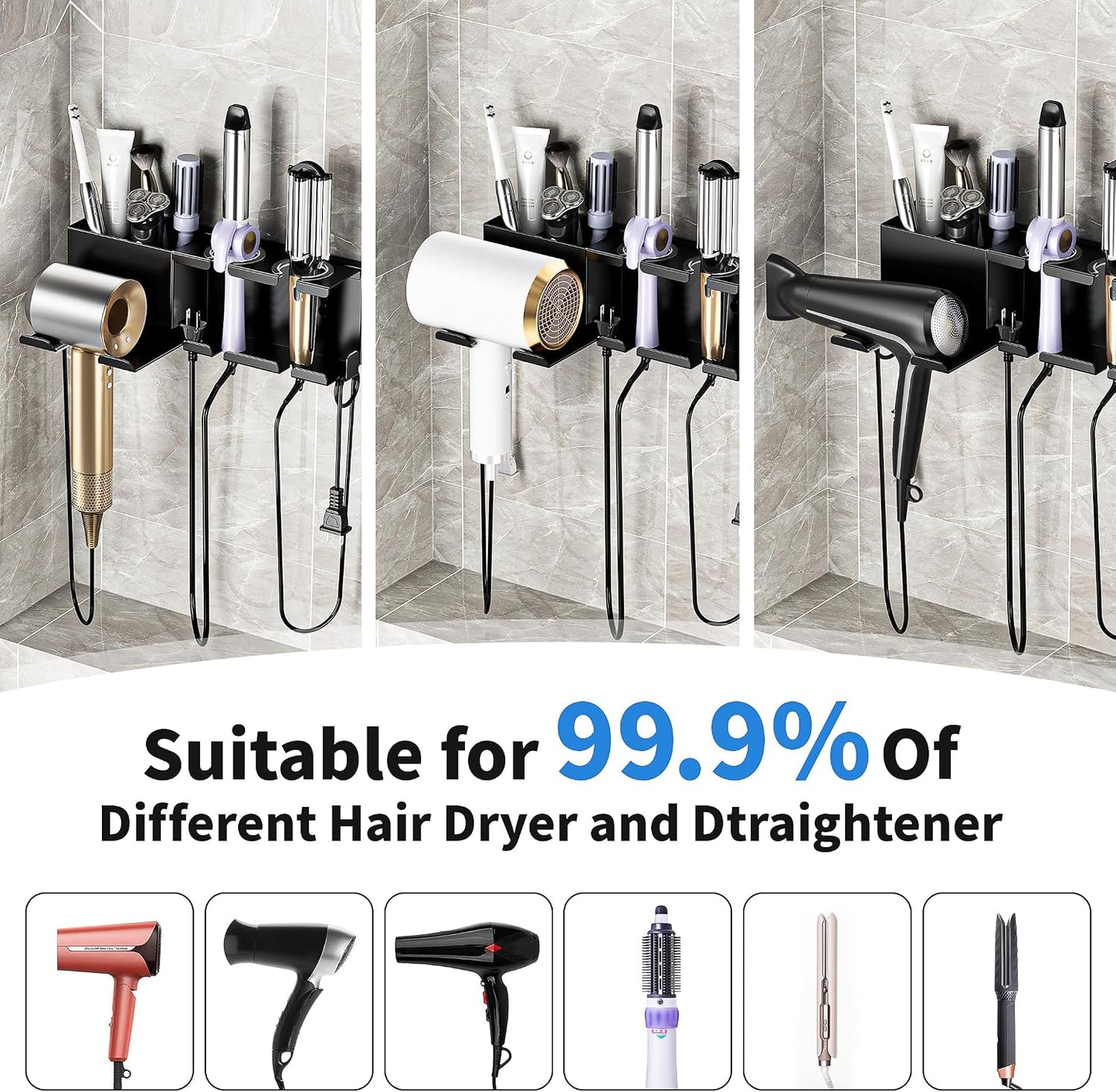 Hair Dryer Holder, Hair Tool Organizer Wall Mount, Adhesive or Drill, White | Blow Dryer Holder for Dryer Hook, Straightener Curling Irons Hairdryer Hair Appliance Hanger for Salon Bathroom Wall Storage