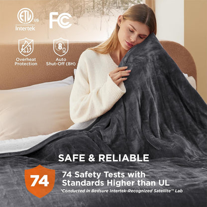 Bedsure Heated Blanket Throw Blanket with Preheat Function - Fast Heating Electric Blanket, Soft Flannel Throw with 6 Time Settings(Up to 10H), 6 Heating Settings, Gifts for Grandma (50"x60", Grey)