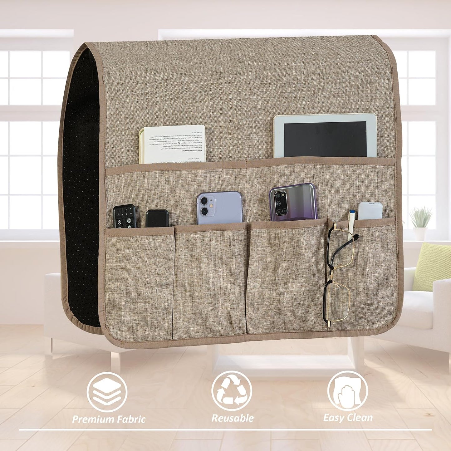 Armchair Caddy for Couch Remote Control Holder with 4 Pockets, Grey 1 Pack | Non-slip, Waterproof, Sofa Armset Organizer, Couch Chair Armrest Storage for TV Remote Control Phone Book Magazine 35"x13"