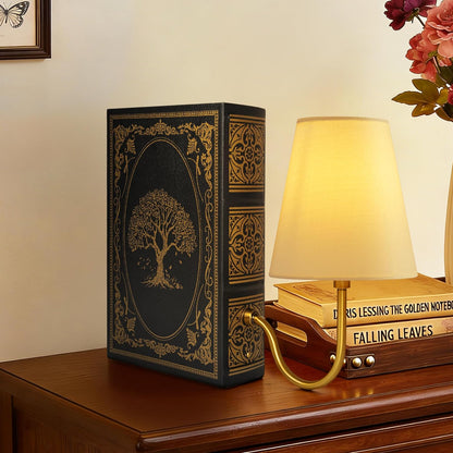 AELS Solid Wood Bookshelf Lamp with Bulb, Cordless Rechargeable Touch Dimmable Table Lamp with Linen Fabric Shade, Modern Decorative Bookend Lamp for Bedroom, Office & Bookshelf Decor, Dark Brown
