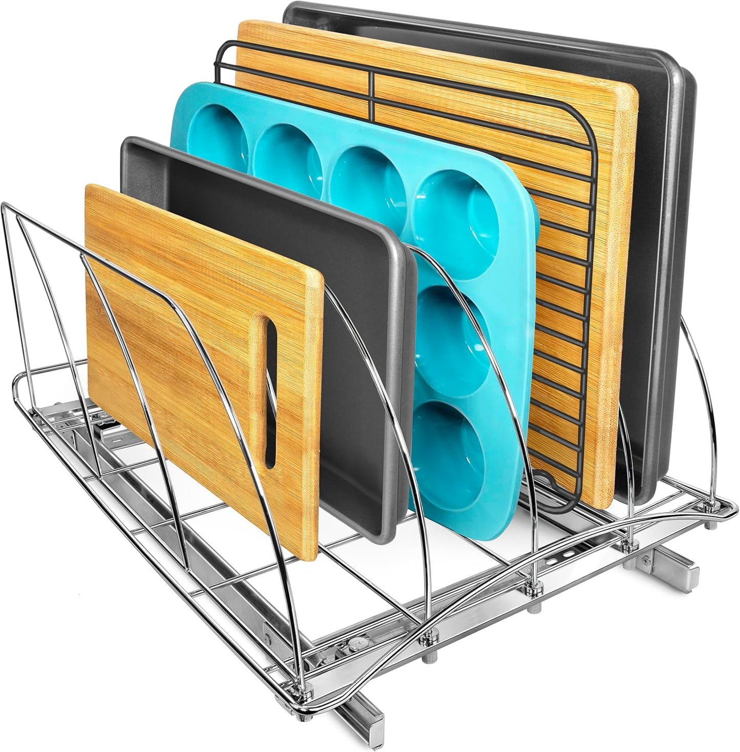 LYNK PROFESSIONAL® Pull Out Cookie Sheet Organizer for Cabinet – Baking Sheet Organizer – Sheet Pan Organizer - Lifetime Ltd. Warranty – 10” x 21” Deep Inside Cabinet, Chrome
