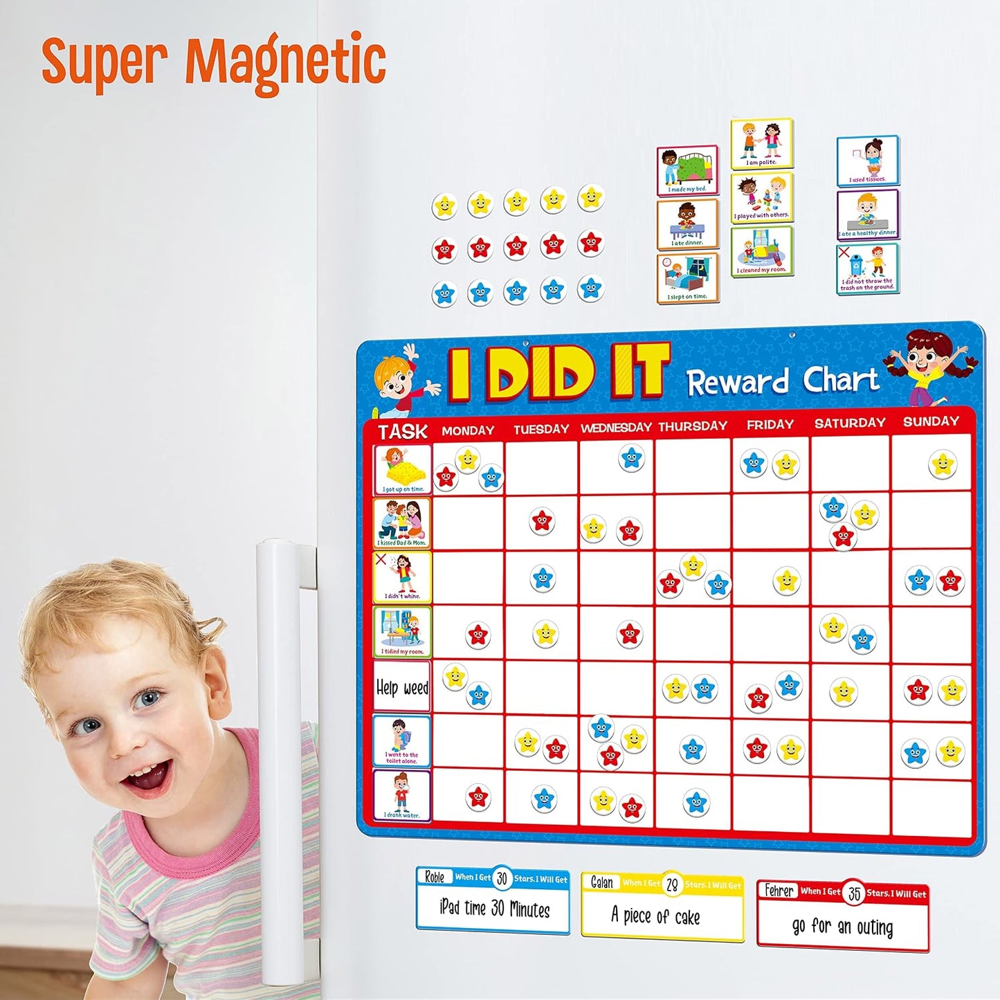 Magnetic Reward Chart, Dry Erase Kids Behavior Responsibility Task Board-84 Chores (Including 7 Blanks), 272 Magnetic Stars, 8 Markers & 3 Name Cards-Good Behavior Daily Routine to Motivate Kids