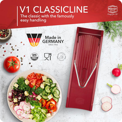 Borner Mandoline Food Slicer V1 (Basic Set) by Reston Lloyd • V-Slicer with Food Holder • Made in Germany • Fruit & Vegetable Chopper • Multiple Settings • Color: Red