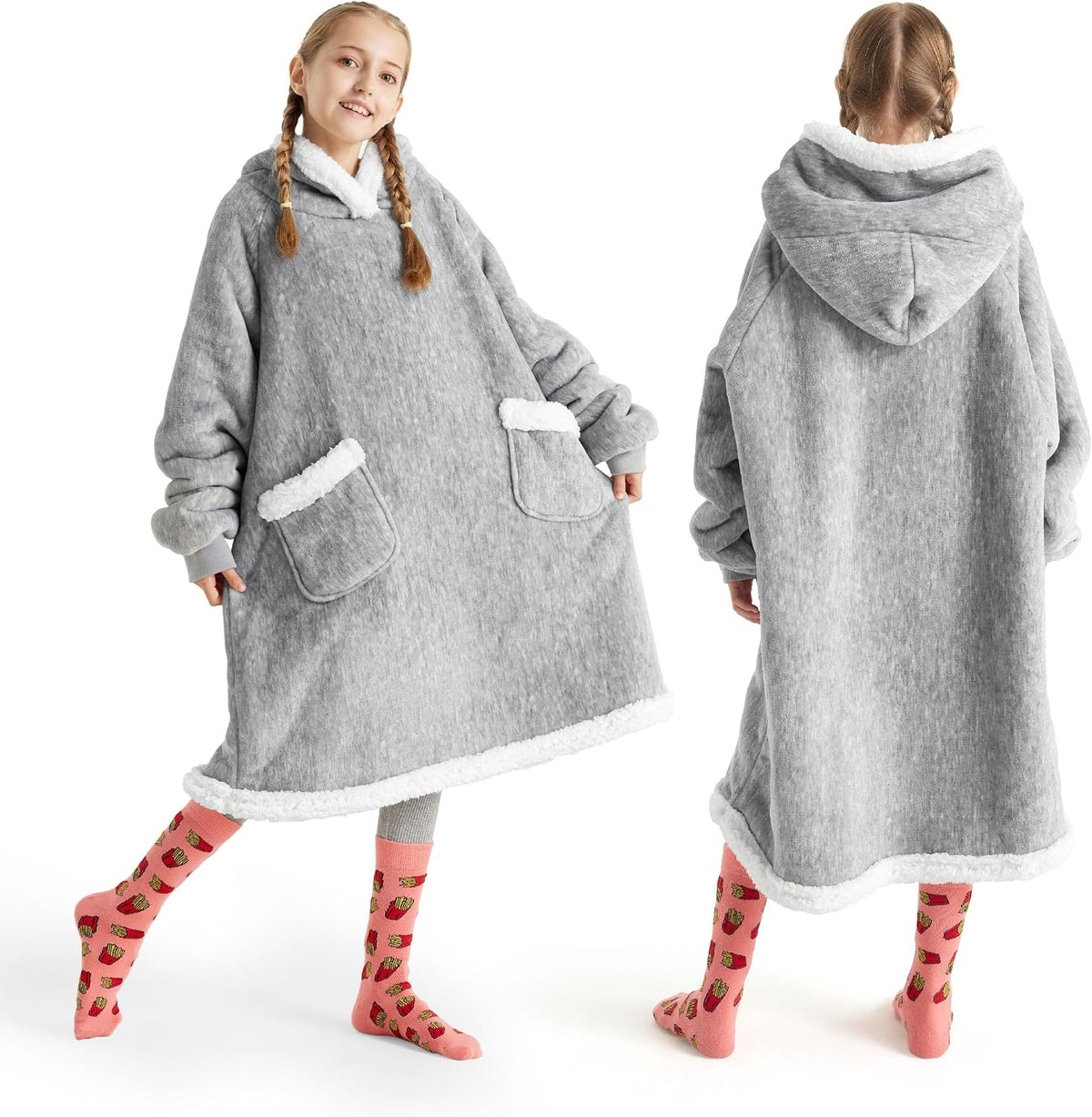Bedsure Wearable Blanket Sherpa Hoodie Gifts, Sweatshirt, Grey, Standard