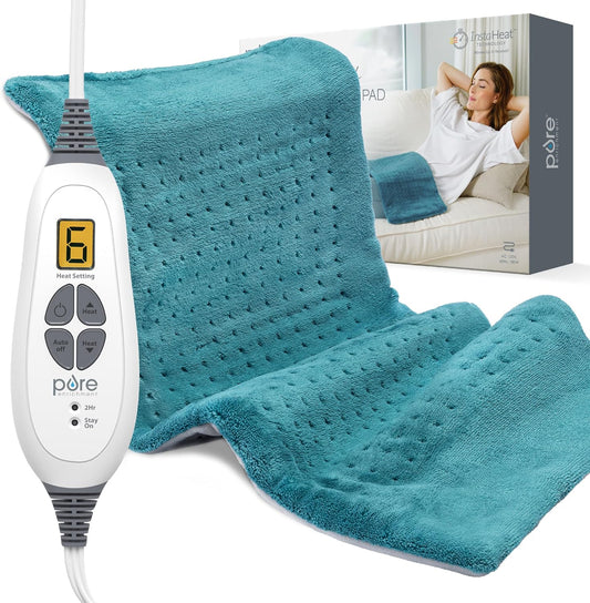 Pure Enrichment® PureRelief XL Heating Pad - 12" x 24" Electric Heating Pad for Back Pain & Cramps, 6 Heat Settings, Soft Machine Wash Fabric, Auto-Off & Moist Heat (Blue)