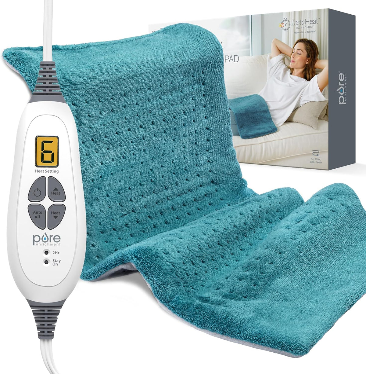 Pure Enrichment PureRelief XL Heating Pad - 12" x 24" Electric Heating Pad for Back Pain & Cramps, 6 Heat Settings, FSA/HSA Eligible, Soft Machine Wash Fabric, Auto-Off & Moist Heat (Zen Green)