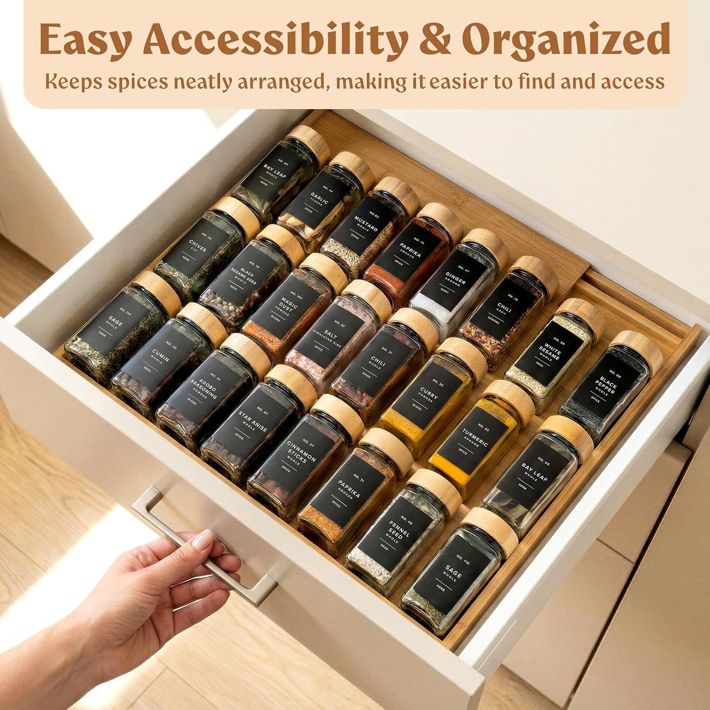 Bamboo Spice Drawer Organizer - Expandable 4 Tier Spice Rack (Need 3" Deep Drawer) 12" to 24" Wide, Seasoning Organizer, Organization Seasoning Rack insert (Jars Not Included)