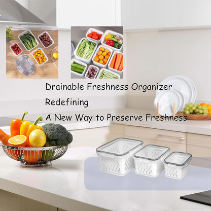 Fruit and Vegetable Storage Containers for Fridge, 6 Pcs/3 Sets Keep Fresh Produce Saver Containers Keeper, Food Storage Containers with Removable Colander (grey)