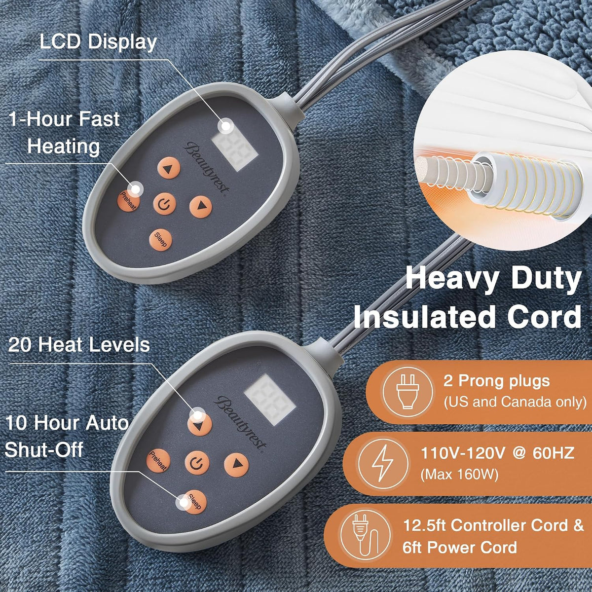 Beautyrest Reversible Heated Throw - Plush Sherpa Heating Blanket, Grey