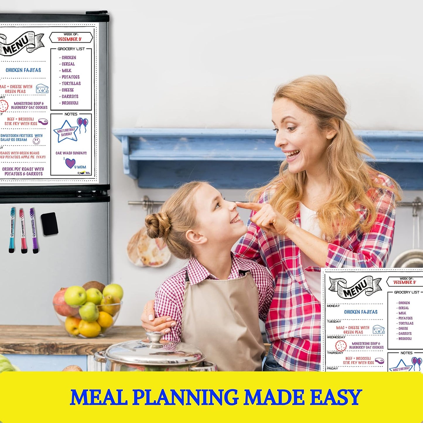 White Magnetic Dry Erase Weekly Menu Board for the Fridge | Weekly meal and dinner planner, 7-day grid, grocery and to-do lists, 12x16 inches, fits standard fridge, 3 markers, eraser