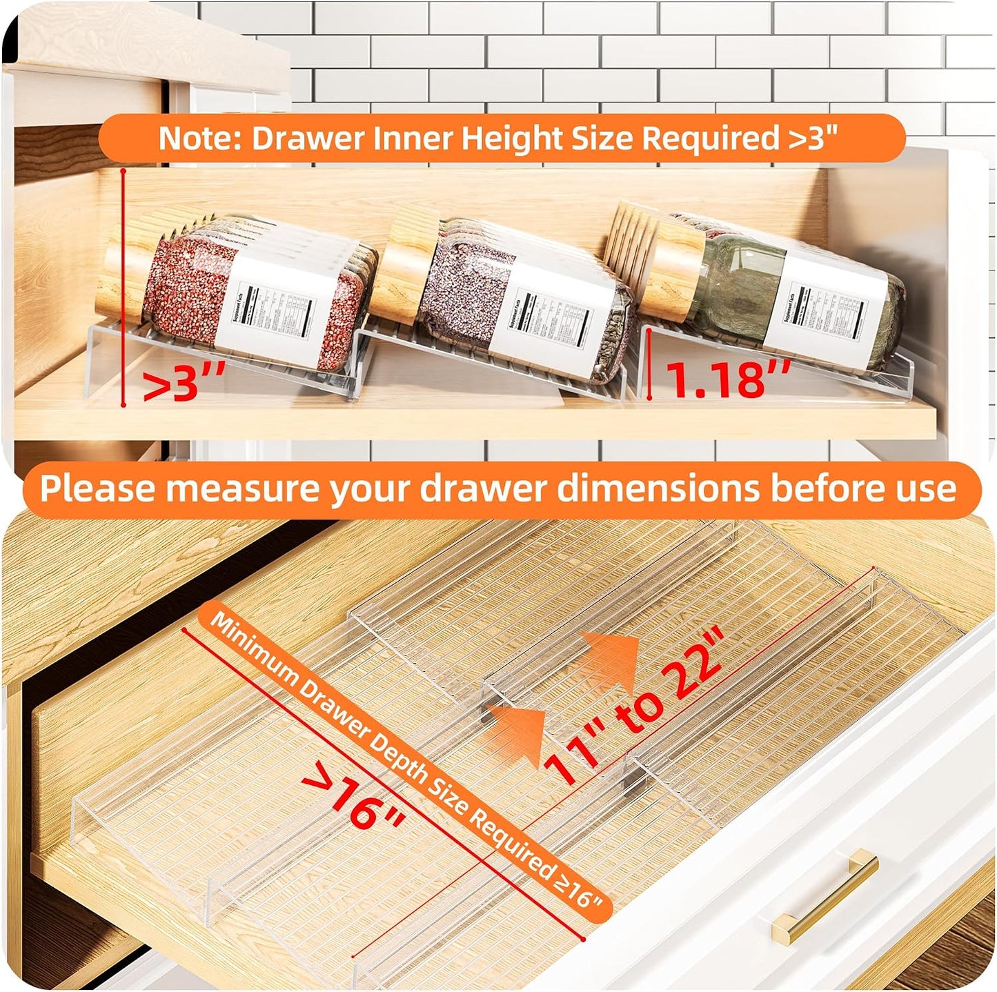 MUDEELA Clear Spice Drawer Organizer, 4 Tier- 2 Set (8 Packs) Spice Rack for Drawer, Expandable From 11" to 22" Kitchen Seasoning Organizers and Storage for Drawer (Jars not included)