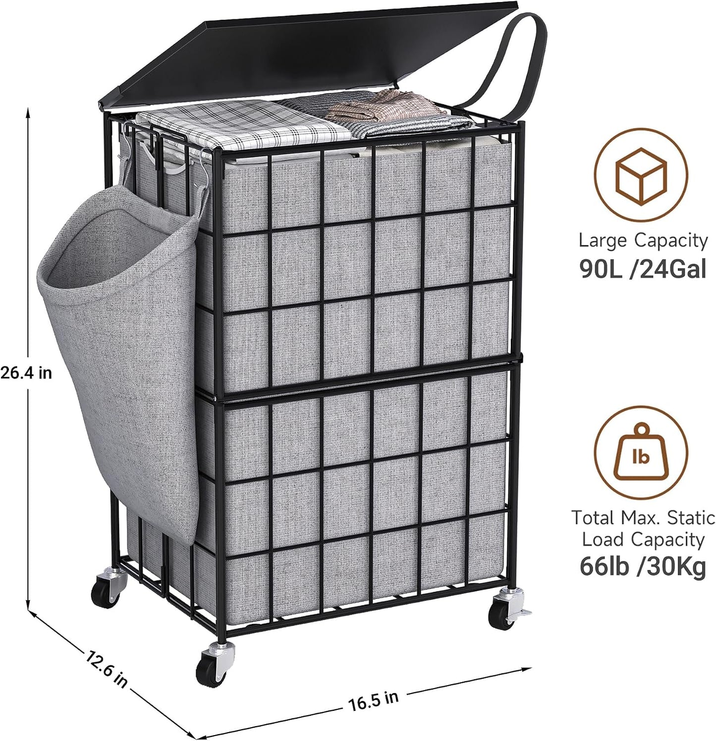 90L Laundry Basket with Wheels, Large Capacity Laundry Hamper with Removable Liner Bags, Heavy Duty Laundry Sorter with Solid Wood Lid & Leather Handles, Grey