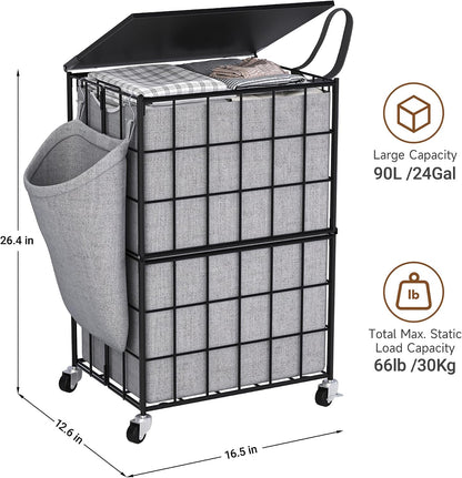90L Laundry Basket with Wheels, Large Capacity Laundry Hamper with Removable Liner Bags, Heavy Duty Laundry Sorter with Solid Wood Lid & Leather Handles, Grey