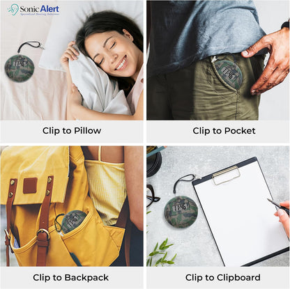 Sonic Alert Digital Alarm Clock - Small Travel Clocks for Heavy Sleepers - Battery Operated with Vibrating Bed Shaker - Green Camo