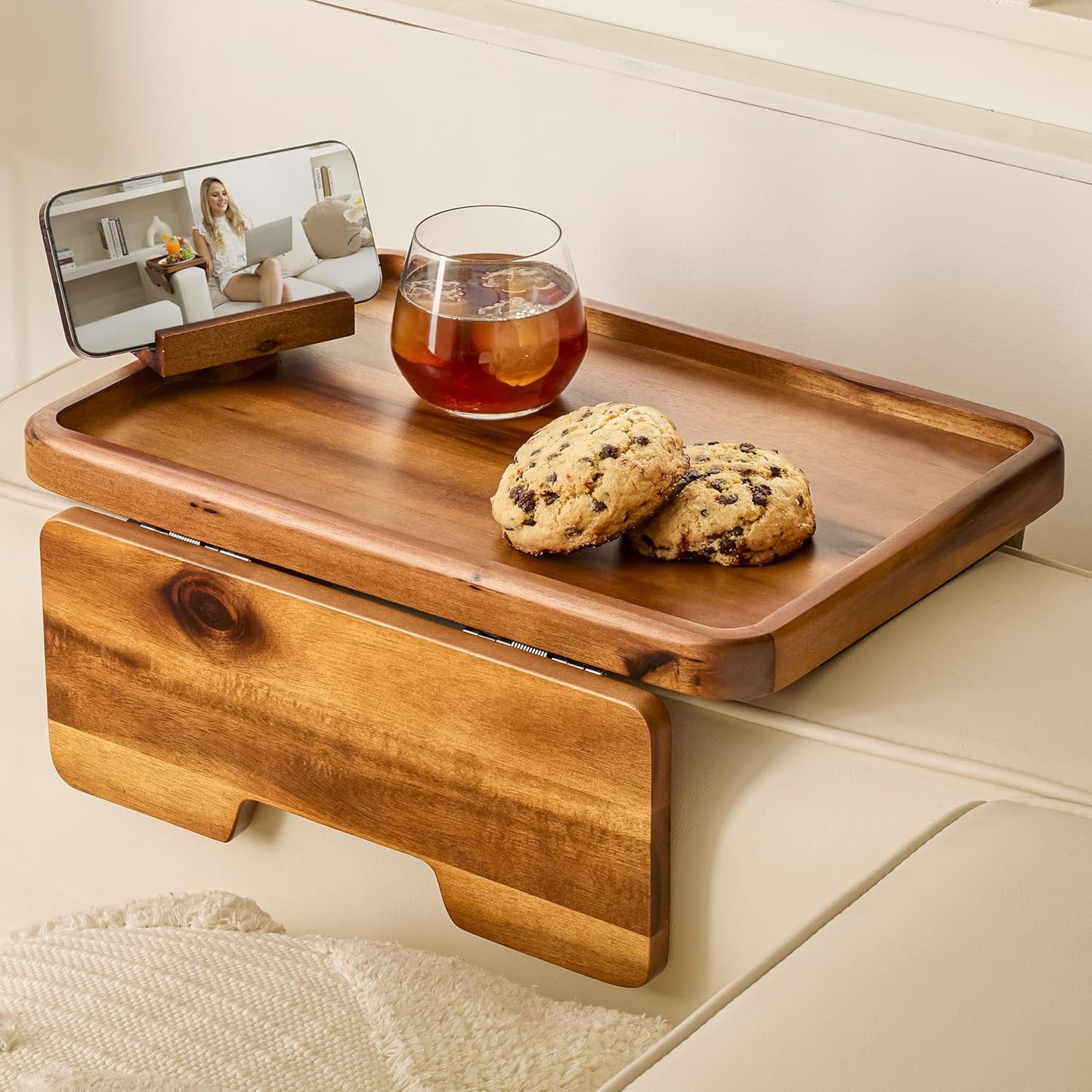 HOLANA 13.75" Acacia Sofa Arm Tray Table, Double Hinge, Natural Wood Color | Solid Acacia Wood, Spacious Surface, Clips Securely with Double-hinge Grip, Foldable & Portable, Multipurpose, No Assembly