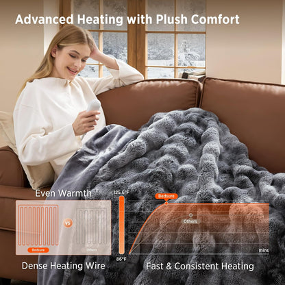Bedsure Heated Blanket Electric Throw - Thick Striped Fast Heating Electric Blanket with Preheat Function, 6 Heat & 6 Timer (Up to 10H), 8H Auto Off, ETL Certified, Gifts for Women (50"x60", White)