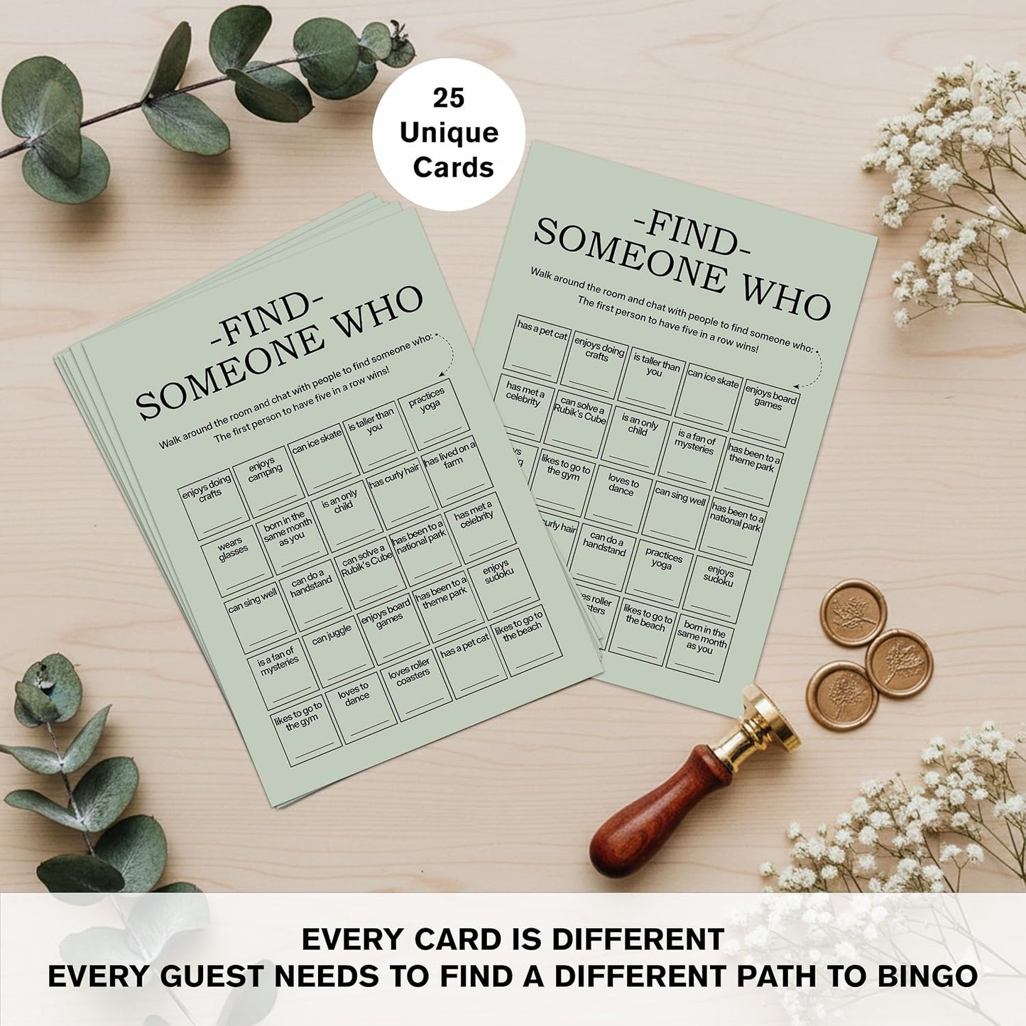 Find Someone Who Bingo Cards, 25 Unique Sheets, Team Building Games for Work, Icebreaker Fun, Engaging Office Games, Team Building Activity for Employees and Groups - Brown