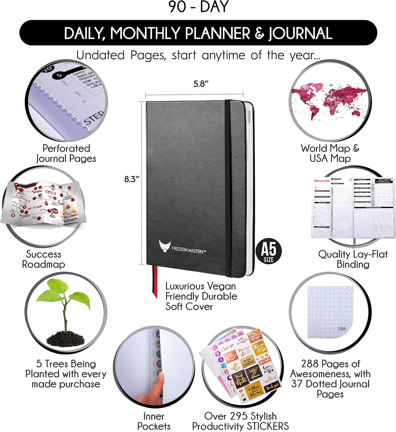 Freedom Mastery Daily Journal of Gratitude, Productivity & Habit Tracker | Undated 90-Day Planner with Daily Reflection, Mindfulness, Positivity, Vision Board & Stickers, Gratitude Journal for Women