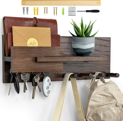 Solid Wood Mail and Key Holder for Wall Decorative Display - Includes Mail Holder, Shelf with Hooks for Keys & Pegs for Hanging Hats, Coats, Bags, Backpacks & More - Sleek Modern Design, Walnut Brown
