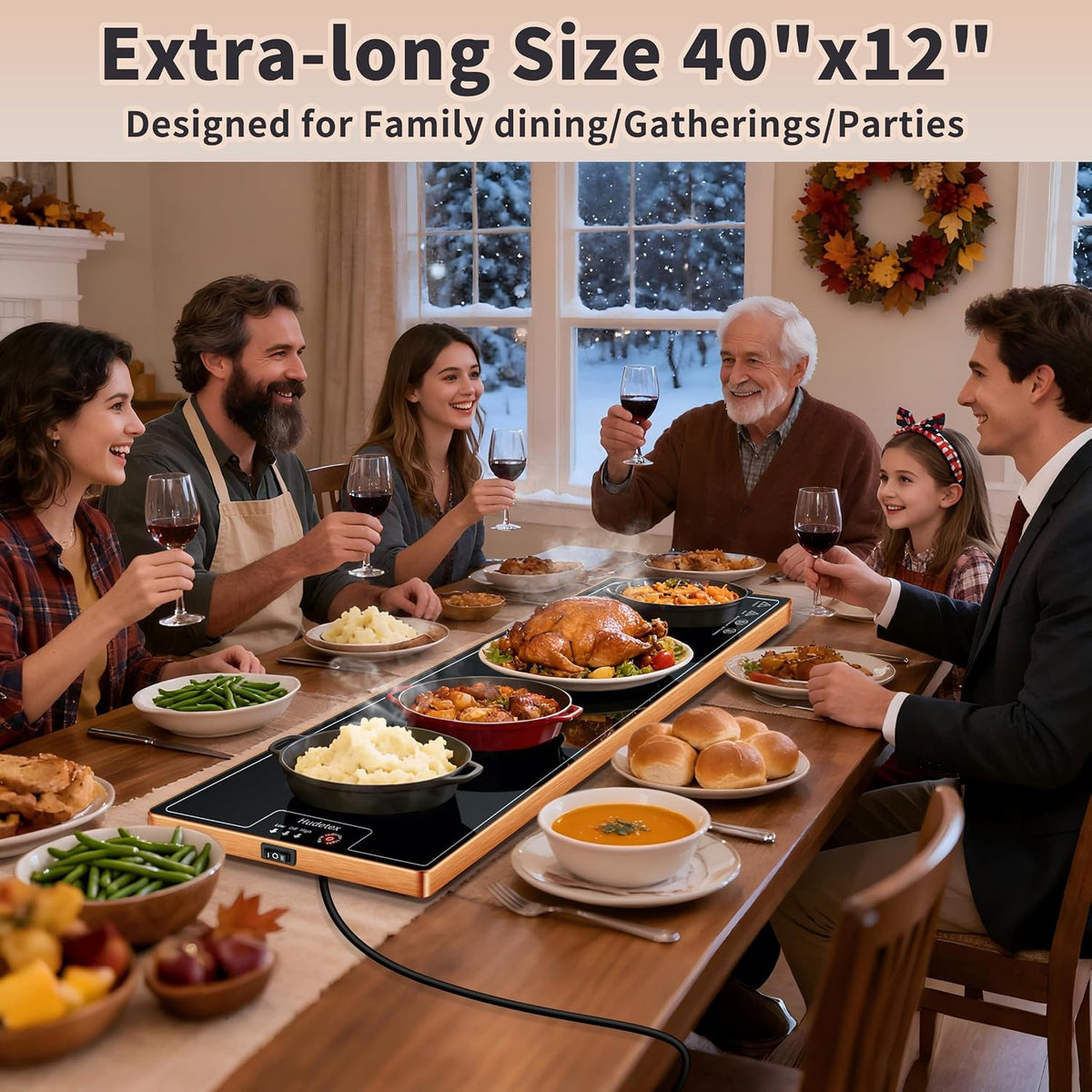 Warming Mat for Food,Extra Long 40"x12",Tempered Glass Warming Tray, Black
