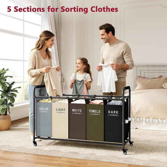 5 Bag Laundry Sorter Cart, Laundry Hamper 5 Section, 5 Colors | Rolling Laundry Basket with Heavy Duty Lockable Wheels and Removable Bags, Large Clothes Hamper for Laundry Room, Bedroom